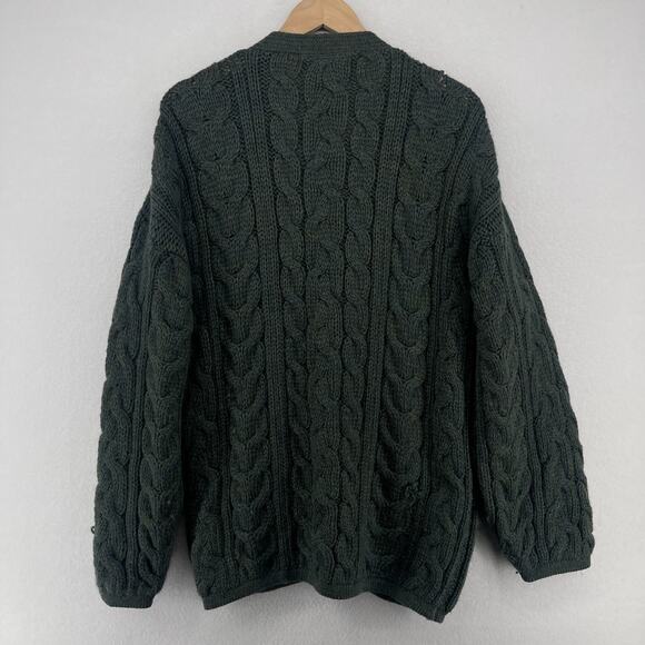 COTTAGE KNITWEAR Sweater Mens L Wool Aran Cable Button Up Cardigan Green - Picture 2 of 14